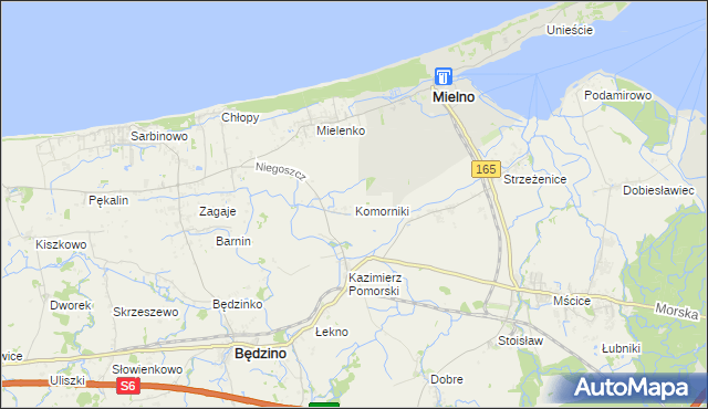 mapa Komorniki gmina Mielno, Komorniki gmina Mielno na mapie Targeo