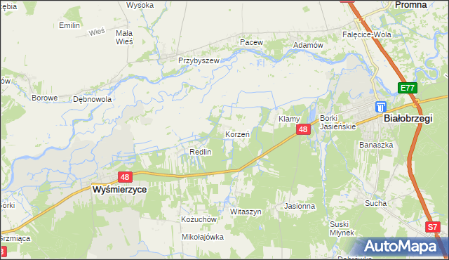 mapa Korzeń gmina Wyśmierzyce, Korzeń gmina Wyśmierzyce na mapie Targeo