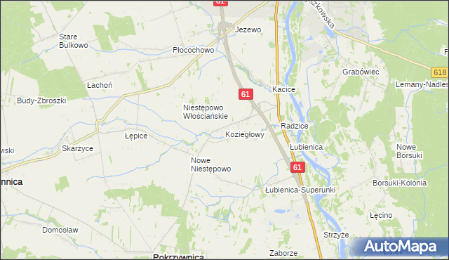 mapa Koziegłowy gmina Pokrzywnica, Koziegłowy gmina Pokrzywnica na mapie Targeo