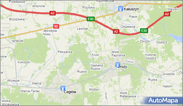 mapa Kruki gmina Mrozy, Kruki gmina Mrozy na mapie Targeo