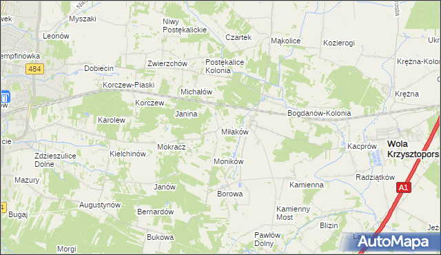 mapa Miłaków gmina Wola Krzysztoporska, Miłaków gmina Wola Krzysztoporska na mapie Targeo