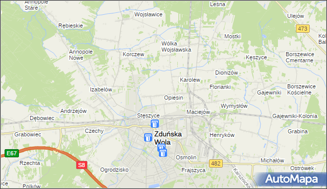 mapa Opiesin gmina Zduńska Wola, Opiesin gmina Zduńska Wola na mapie Targeo