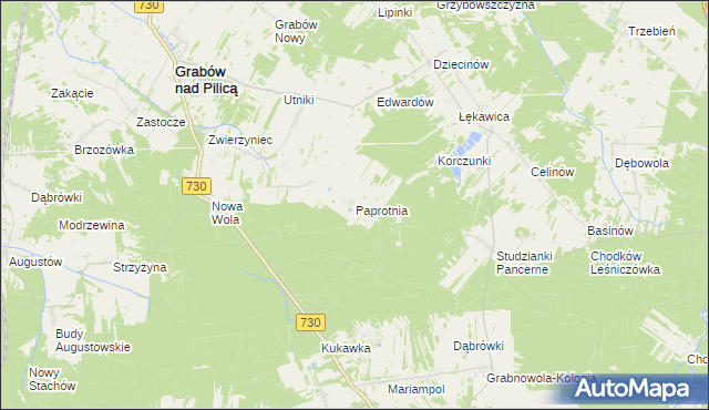 mapa Paprotnia gmina Grabów nad Pilicą, Paprotnia gmina Grabów nad Pilicą na mapie Targeo