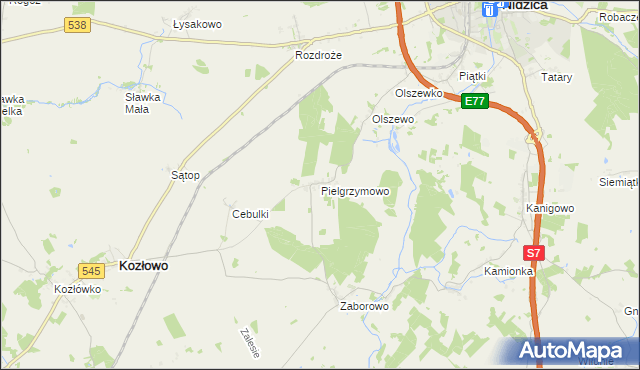 mapa Pielgrzymowo gmina Kozłowo, Pielgrzymowo gmina Kozłowo na mapie Targeo