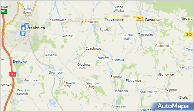 mapa Radłów gmina Zawonia, Radłów gmina Zawonia na mapie Targeo