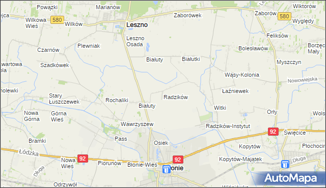 mapa Radzików gmina Błonie, Radzików gmina Błonie na mapie Targeo