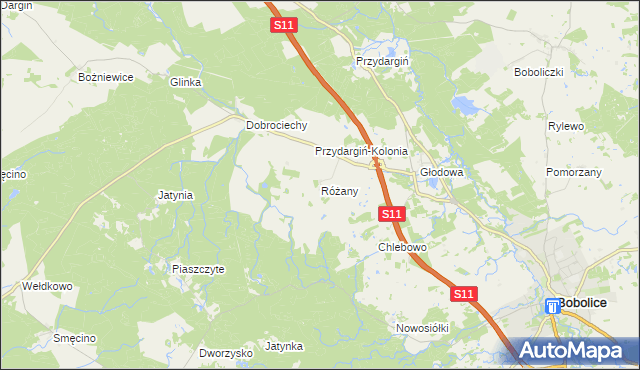 mapa Różany gmina Bobolice, Różany gmina Bobolice na mapie Targeo