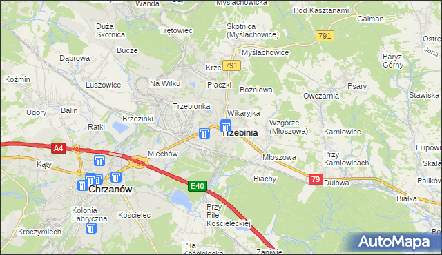 mapa Trzebinia powiat chrzanowski, Trzebinia powiat chrzanowski na mapie Targeo