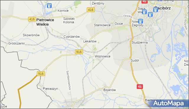 mapa Wojnowice gmina Krzanowice, Wojnowice gmina Krzanowice na mapie Targeo