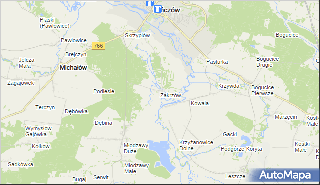 mapa Zakrzów gmina Pińczów, Zakrzów gmina Pińczów na mapie Targeo