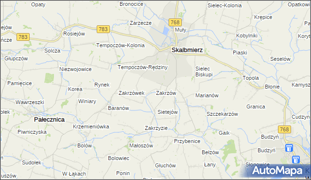 mapa Zakrzów gmina Skalbmierz, Zakrzów gmina Skalbmierz na mapie Targeo