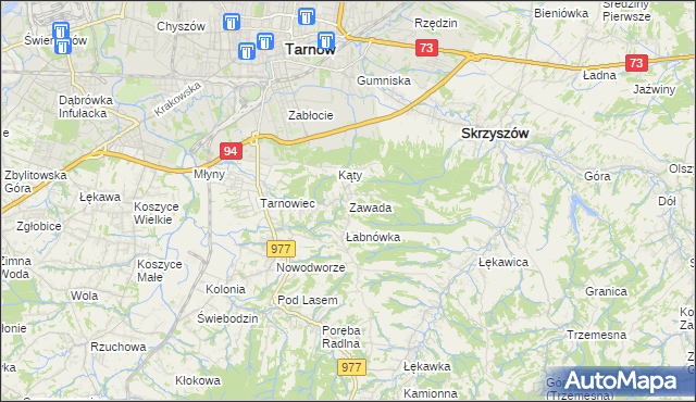 mapa Zawada gmina Tarnów, Zawada gmina Tarnów na mapie Targeo