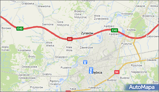 mapa Zawierzbie gmina Żyraków, Zawierzbie gmina Żyraków na mapie Targeo