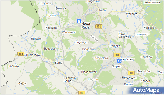 mapa Bieganów gmina Nowa Ruda, Bieganów gmina Nowa Ruda na mapie Targeo