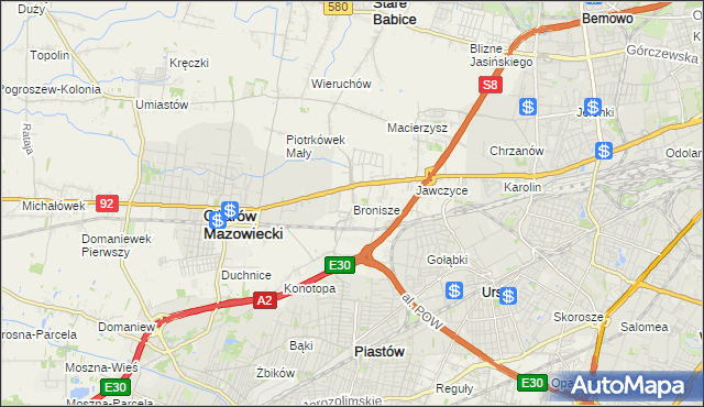 mapa Bronisze gmina Ożarów Mazowiecki, Bronisze gmina Ożarów Mazowiecki na mapie Targeo