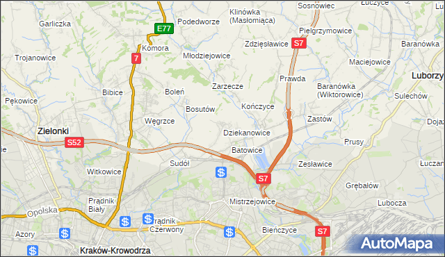 mapa Dziekanowice gmina Zielonki, Dziekanowice gmina Zielonki na mapie Targeo