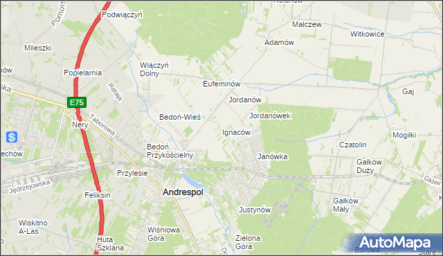 mapa Ignaców gmina Brzeziny, Ignaców gmina Brzeziny na mapie Targeo