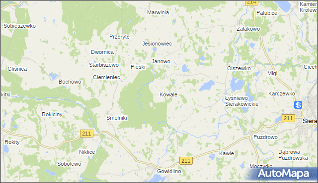 mapa Kowale gmina Sierakowice, Kowale gmina Sierakowice na mapie Targeo