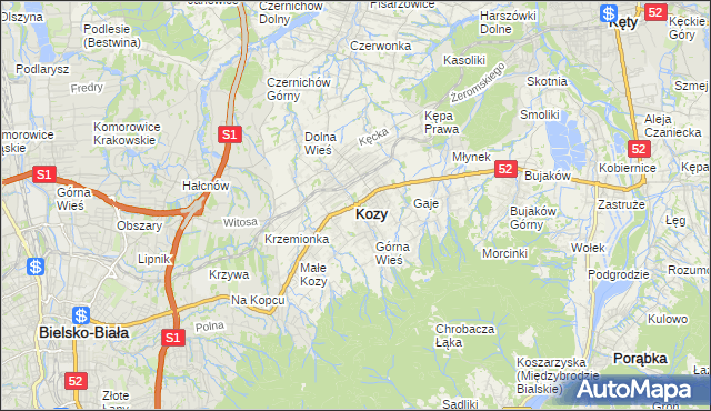 mapa Kozy powiat bielski, Kozy powiat bielski na mapie Targeo