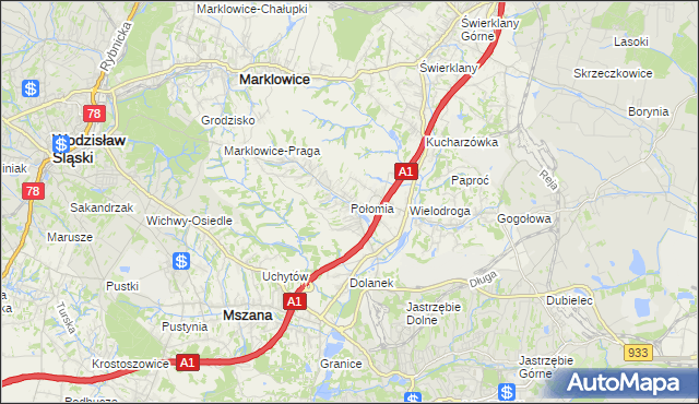 mapa Połomia gmina Mszana, Połomia gmina Mszana na mapie Targeo