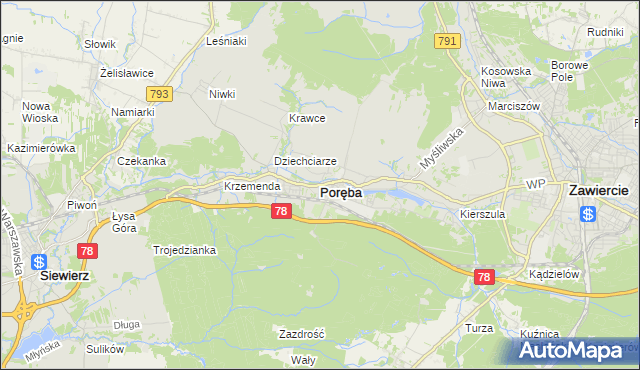 mapa Poręba powiat zawierciański, Poręba powiat zawierciański na mapie Targeo