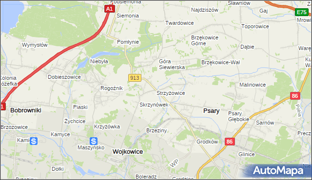 mapa Strzyżowice gmina Psary, Strzyżowice gmina Psary na mapie Targeo