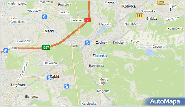 mapa Zielonka powiat wołomiński, Zielonka powiat wołomiński na mapie Targeo