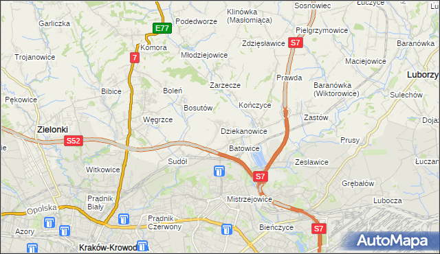 mapa Dziekanowice gmina Zielonki, Dziekanowice gmina Zielonki na mapie Targeo