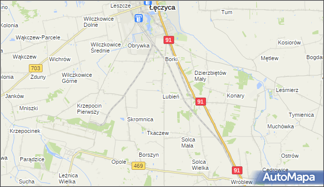mapa Lubień gmina Łęczyca, Lubień gmina Łęczyca na mapie Targeo