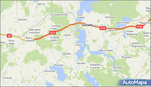 mapa Miłuki gmina Sorkwity, Miłuki gmina Sorkwity na mapie Targeo