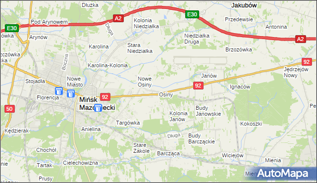 mapa Osiny gmina Mińsk Mazowiecki, Osiny gmina Mińsk Mazowiecki na mapie Targeo