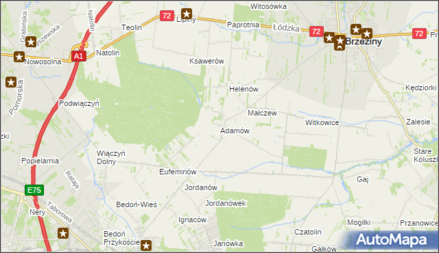 mapa Adamów gmina Brzeziny, Adamów gmina Brzeziny na mapie Targeo