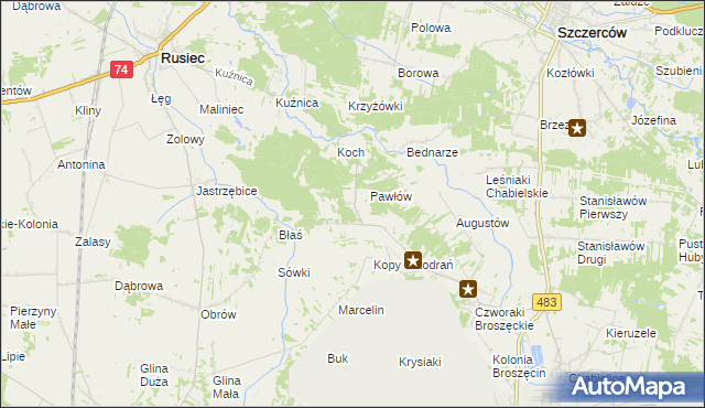 mapa Andrzejów gmina Rusiec, Andrzejów gmina Rusiec na mapie Targeo