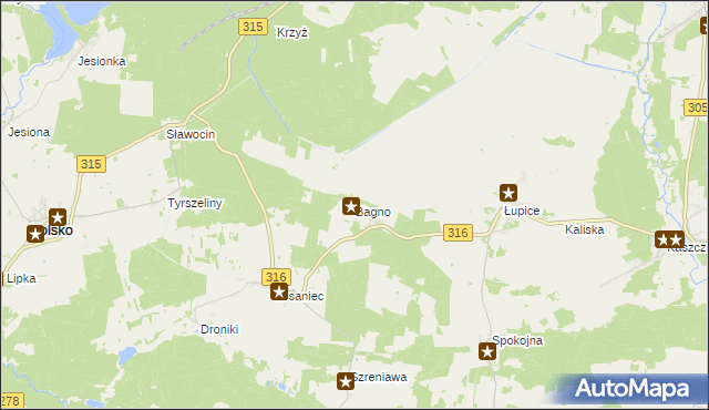 mapa Bagno gmina Sława, Bagno gmina Sława na mapie Targeo