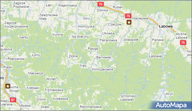 mapa Barnowiec gmina Łabowa, Barnowiec gmina Łabowa na mapie Targeo