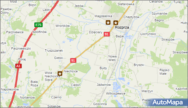 mapa Białocin gmina Rozprza, Białocin gmina Rozprza na mapie Targeo