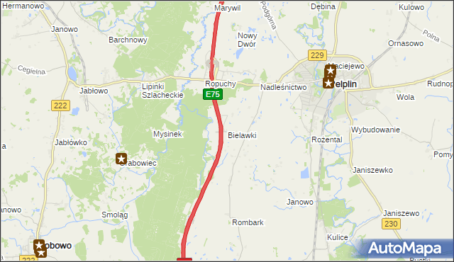 mapa Bielawki gmina Pelplin, Bielawki gmina Pelplin na mapie Targeo