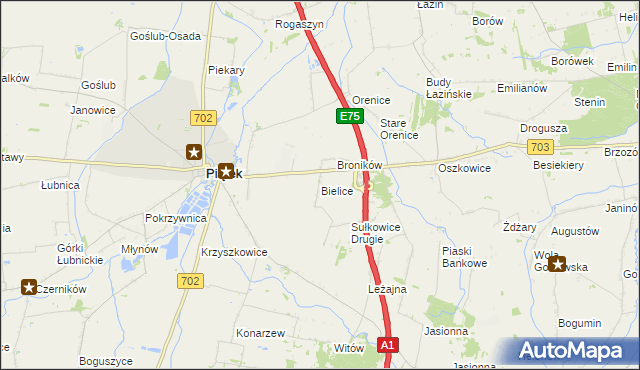 mapa Bielice gmina Piątek, Bielice gmina Piątek na mapie Targeo