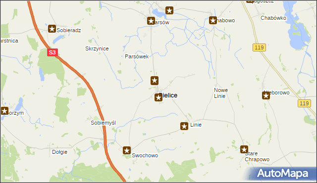 mapa Bielice powiat pyrzycki, Bielice powiat pyrzycki na mapie Targeo