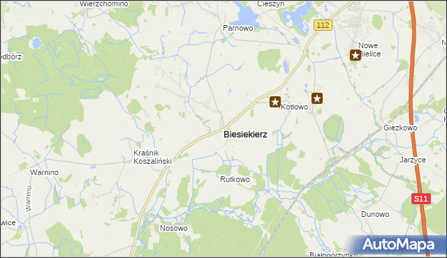 mapa Biesiekierz powiat koszaliński, Biesiekierz powiat koszaliński na mapie Targeo