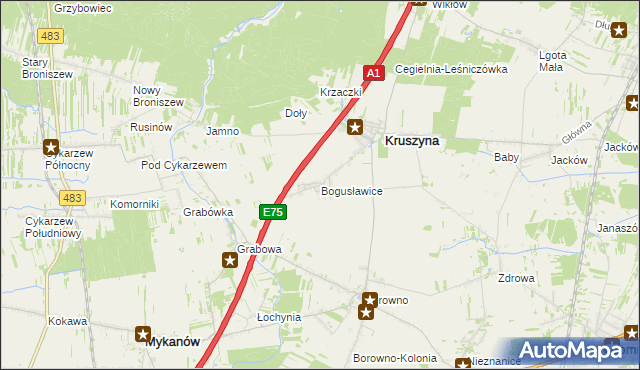 mapa Bogusławice gmina Kruszyna, Bogusławice gmina Kruszyna na mapie Targeo