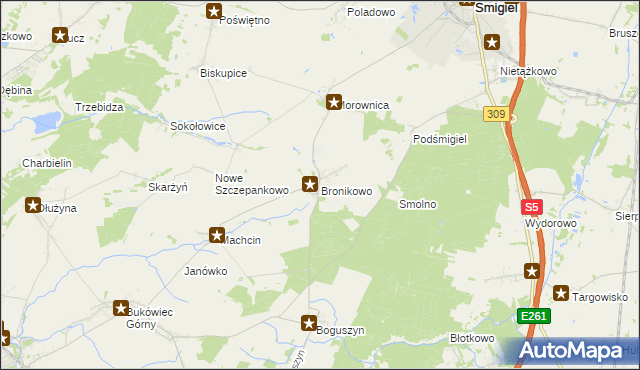 mapa Bronikowo gmina Śmigiel, Bronikowo gmina Śmigiel na mapie Targeo