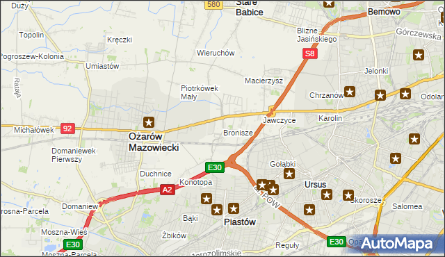 mapa Bronisze gmina Ożarów Mazowiecki, Bronisze gmina Ożarów Mazowiecki na mapie Targeo