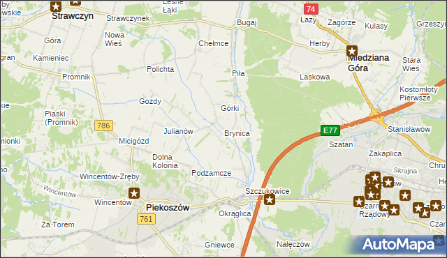 mapa Brynica gmina Piekoszów, Brynica gmina Piekoszów na mapie Targeo