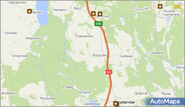 mapa Brzozowo gmina Przybiernów, Brzozowo gmina Przybiernów na mapie Targeo