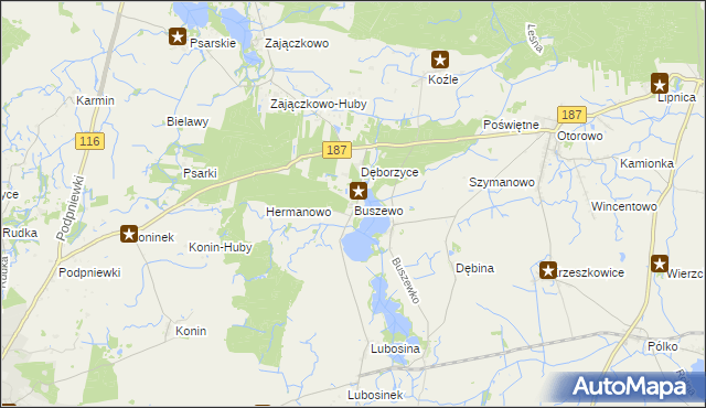 mapa Buszewo gmina Pniewy, Buszewo gmina Pniewy na mapie Targeo