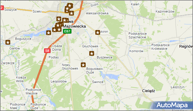 mapa Byszewice gmina Rawa Mazowiecka, Byszewice gmina Rawa Mazowiecka na mapie Targeo