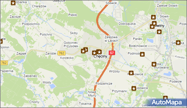 mapa Chęciny powiat kielecki, Chęciny powiat kielecki na mapie Targeo