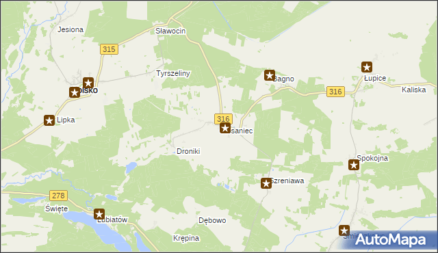 mapa Ciosaniec gmina Sława, Ciosaniec gmina Sława na mapie Targeo