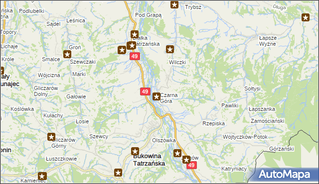 mapa Czarna Góra gmina Bukowina Tatrzańska, Czarna Góra gmina Bukowina Tatrzańska na mapie Targeo